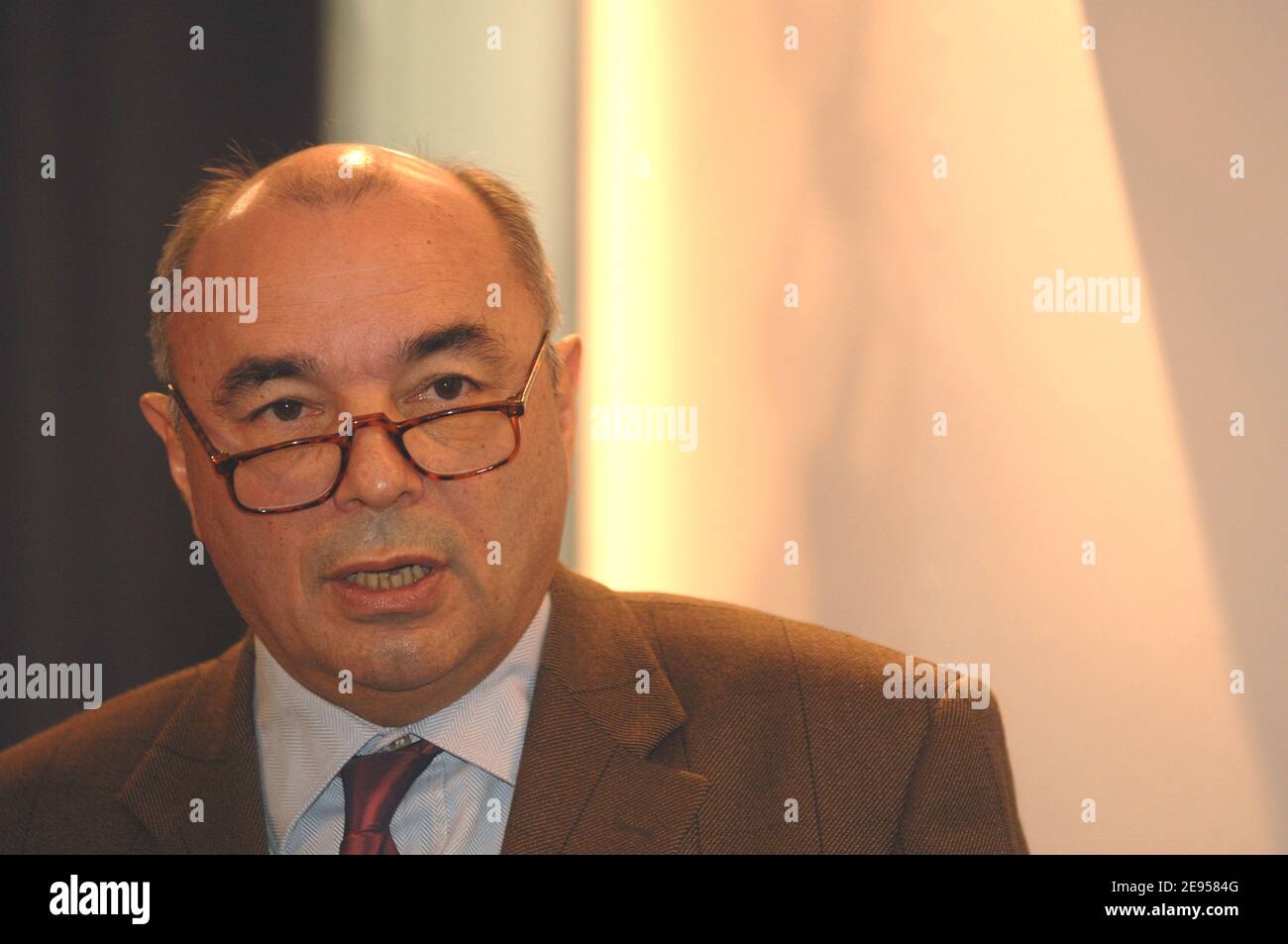 Chief executive officer of La Poste, Jean-Paul Bailly, welcomes French  Finance Minister Thierry Breton in the new 'Banque Postale' and presents  his 2006 new year wishes, in Paris, France on January 4,