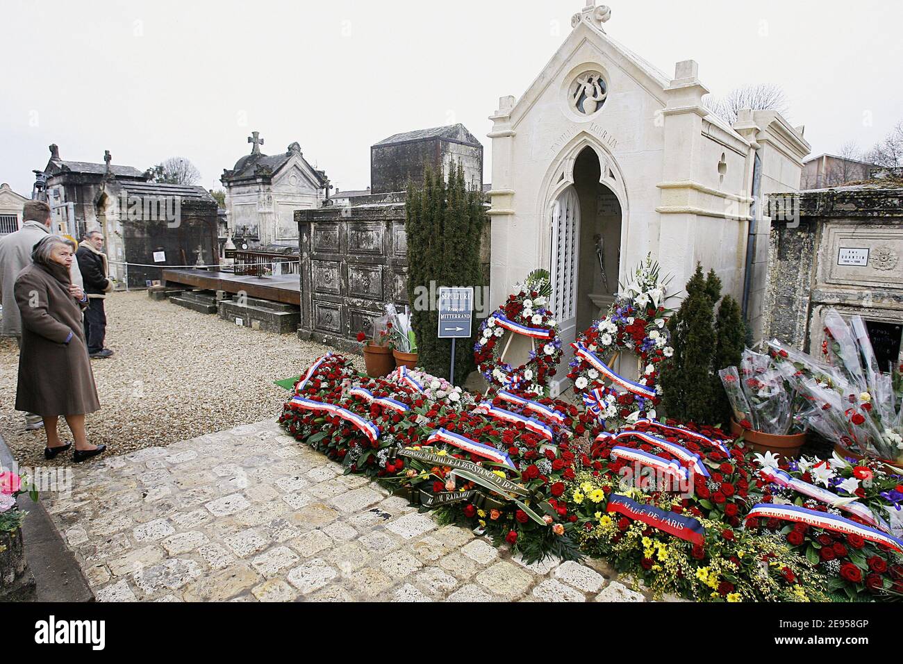 A view of the family grave during the ceremony to honor the memory former French President Francois Mitterrand on January 8, 2006, for the tenth anniversary of his death. The ceremony is held in Mitterrand's home city of Jarnac where he is buried in his family's grave. Mitterrand's home, now a museum open to the public, is officially inaugurate on this day. Photo by Bernard-Mousse/ABACAPRESS.COM Stock Photo