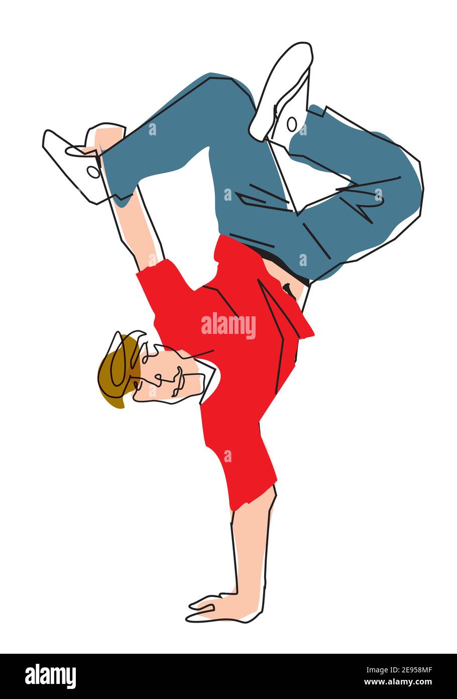 Acrobatic break dancer breakdancing young man handstand, . Line art stylized Illustration of dancing boy. Vector available. Stock Vector