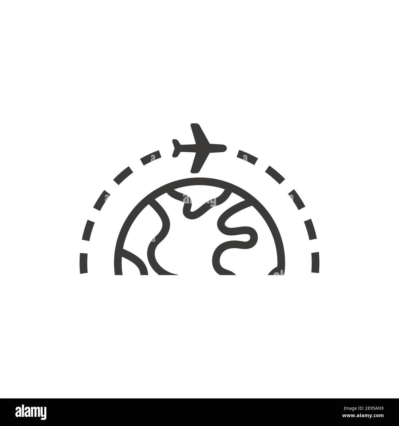 Airplane with planet or globe black vector icon. Flight route, earth with plane flying symbol. Stock Vector