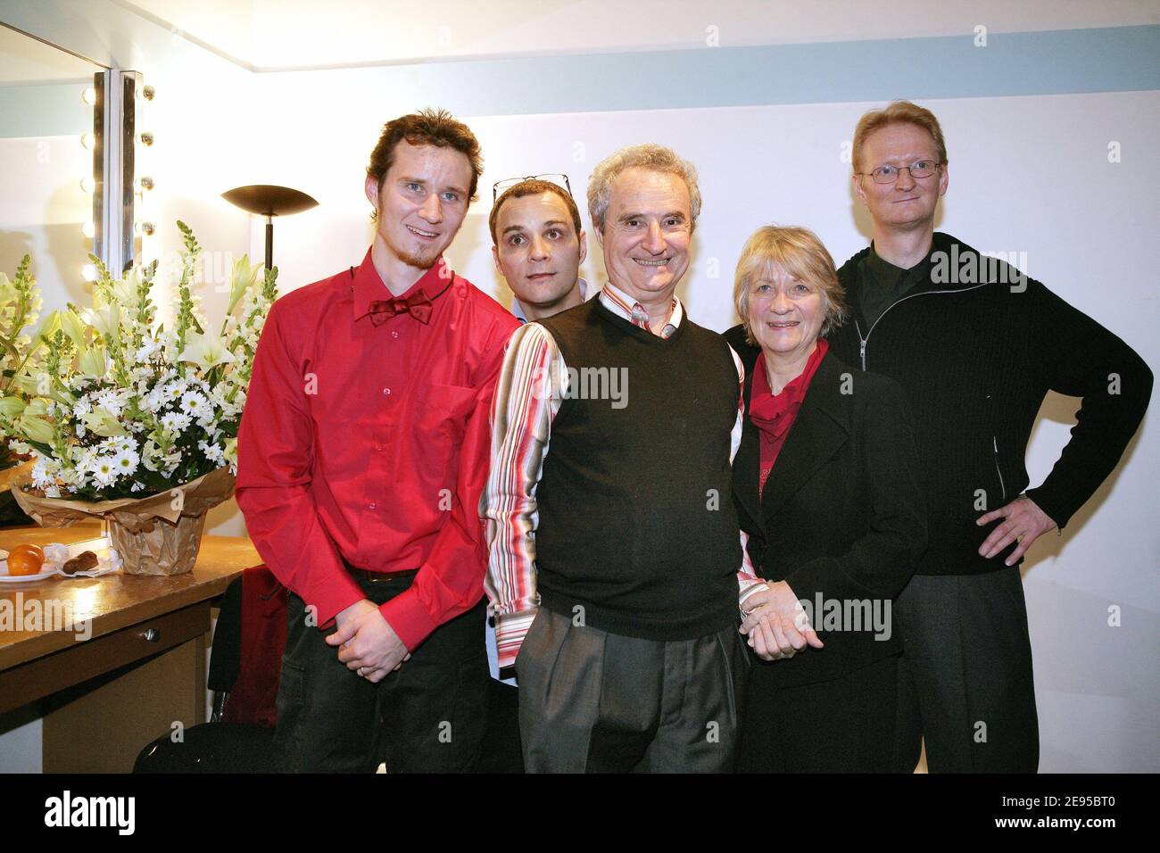 French humorist Daniel Prevost poses backstage with his 3 sons and his wife after his last show at the Olympia in Paris, France on january 16, 2006. Photo by Thierry Orban/ABACAPRESS.COM Stock Photo