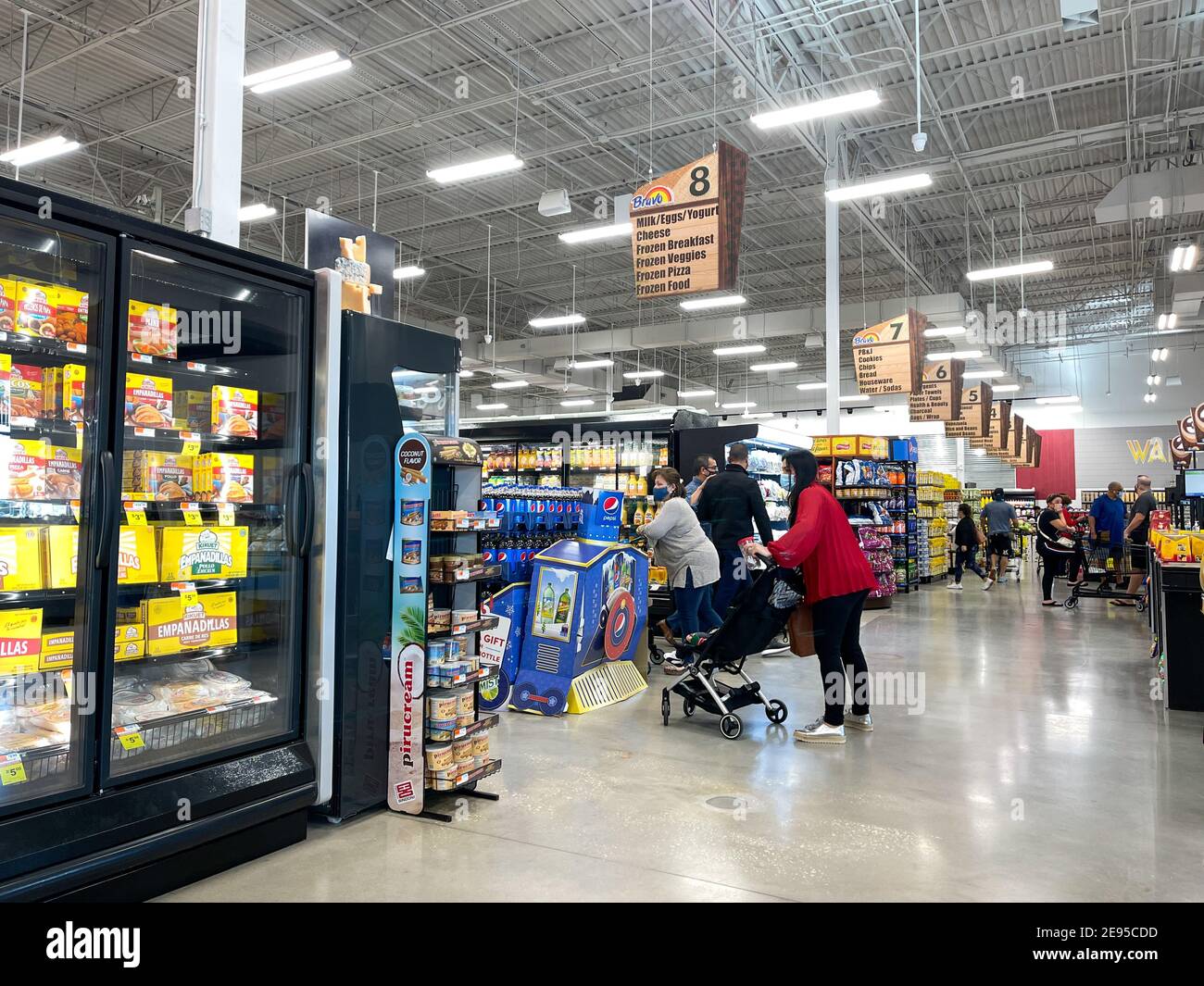 Orlando, FL USA - December 27, 2020: An overview of multiple aisles of a Bravo Market grocery store in Orlando, Florida. Stock Photo