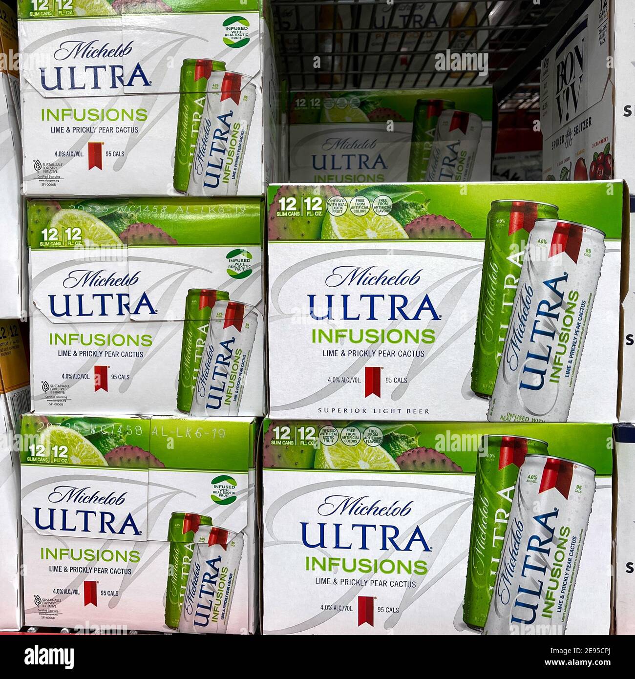 Orlando,FL USA - January 31, 2021:  Boxes of Michelob Ultra Infusions Lime and Prickly Pear Cactus beer at a Sams Club. Stock Photo