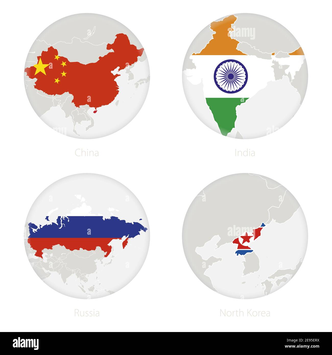 China, India, Russia, North Korea map contour and national flag in a circle. Vector Illustration. Stock Vector