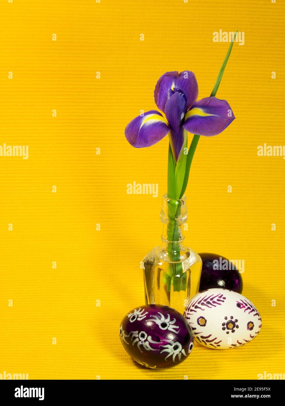Iris in glass bottle and three easter eggs Stock Photo