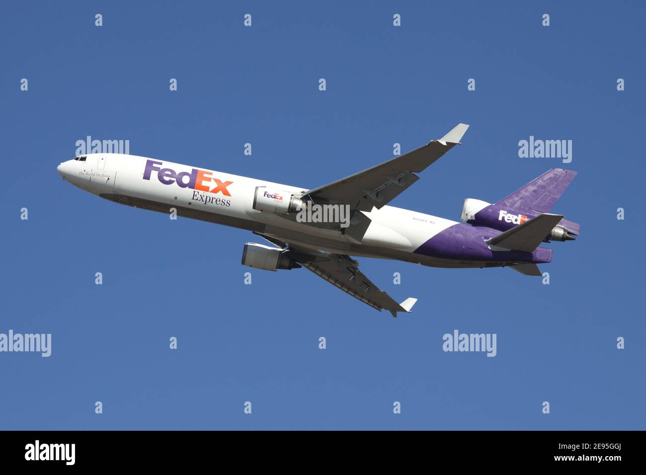 FedEx McDonnell Douglas MD-11F with registration N599FE airborne at Cologne Bonn Airport. Stock Photo