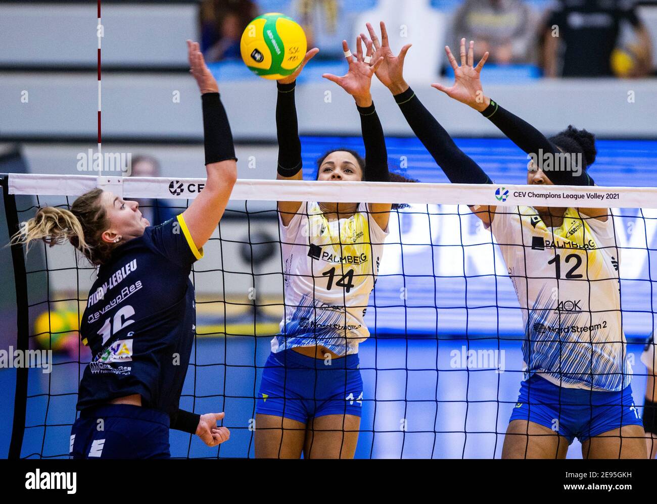 Schwerin, Germany. 02nd Feb, 2021. Volleyball, Women: Champions League, SSC Palmberg Schwerin - DevelopRes Rzesz-w, 4th round, Group A, Matchday 5: Denise Imoudu (m) and Lauren Barfield (r) of SSC Palmberg Schwerin fend off the ball of Juliette Marie Louise Andre Fidon Lebleu of DevelopRes Rzesz-w (Poland) at the net. Credit: Jens BŸttner/dpa-Zentralbild/dpa/Alamy Live News Stock Photo