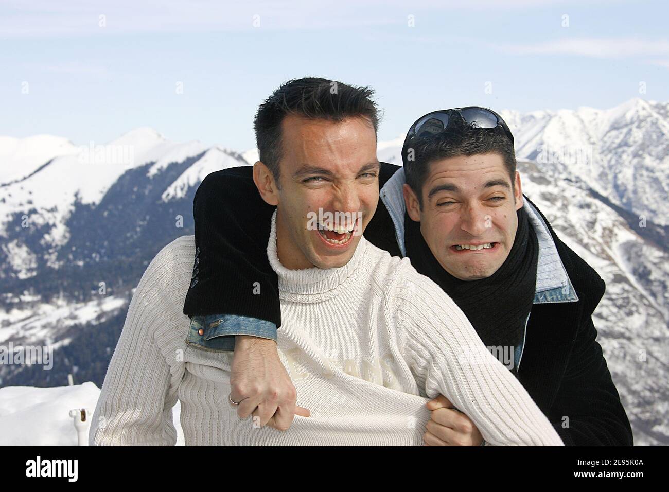 French humorists Doudi (aka David Strajmayster) (Blond hair or white shirt) and Pepess (aka Guillaume Carcaud) playing Samantha and Chantal in French TV show 'Samantha Oups' pose during the 8th International Television Film Festival of Luchon in French Pyrenees on February 1, 2006. Photo by Patrick Bernard/ABACAPRESS.COM Stock Photo