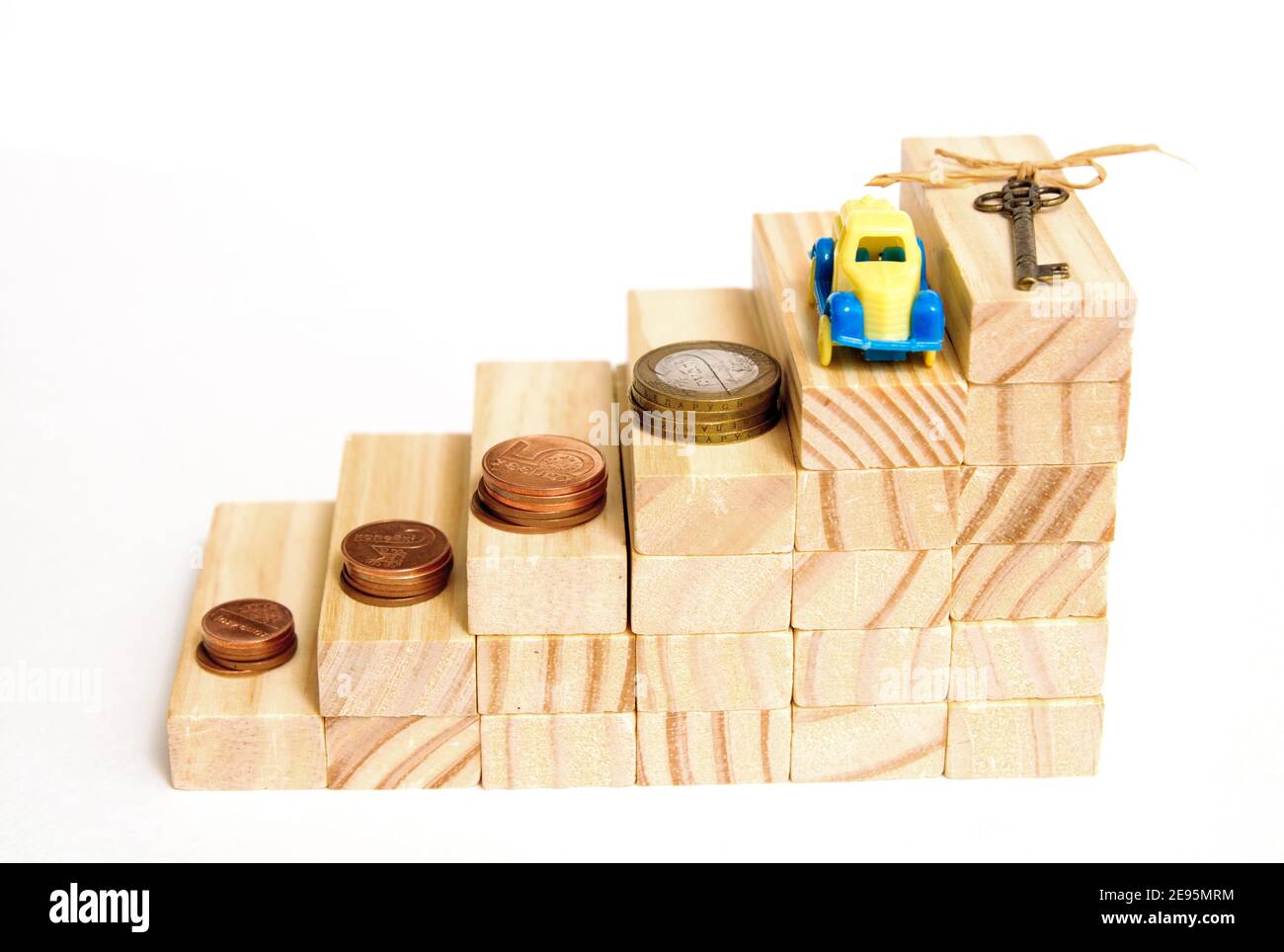 Business growth. Wooden blocks step up. Money, a house key and a car. Credit and deposits. Money growth, Profit business and Investment Stock Photo