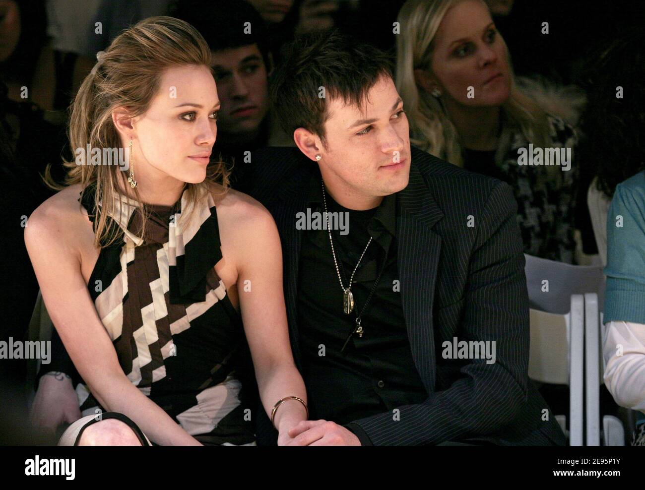 Hilary Duff and her boyfriend Joel Madden look very much in love while they  on the front row at Zaldy fashion show during the Olympus Fashion Week  2006, in New York, NY,, image size:1300x988