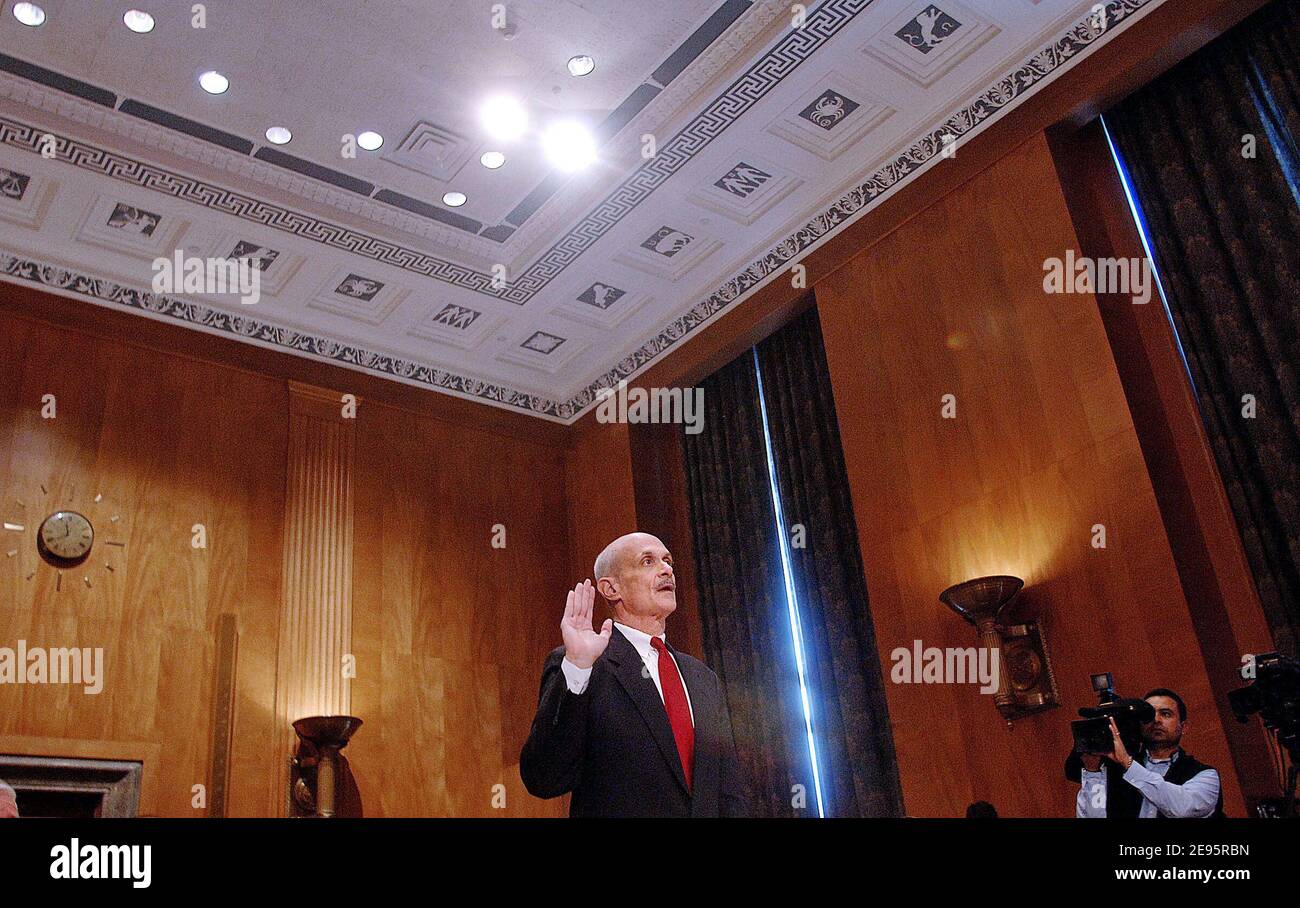 Homeland Security Secretary Michael Chertoff testifies before the Senate Homeland Security and Governmental affairs in Washington DC, USA, on February 15, 2006 on 'Hurricane Katrina: The Homeland Security Department's Preparation and Response'. Photo by Olivier Douliery/ABACAPRESS.COM Stock Photo