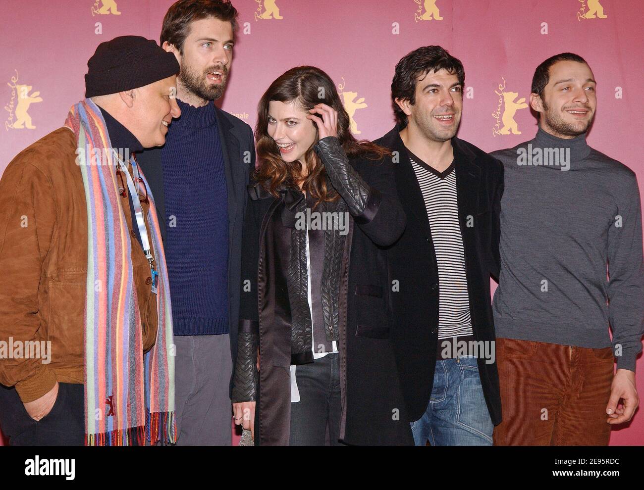 (L to R) Italian movie director Michele Placido, British actor Kim Rossi Stuart, French actress Anna Mouglalis, Italian actor Pierfrancesco Favino and Italian actor Claudio Santamaria pose during the photocall of the movie 'Romanzo Criminale' during the 56th Berlinale, International Film Festival in Berlin, Germany on February 15, 2006. Photo by Bruno Klein/ABACAPRESS.COM Stock Photo