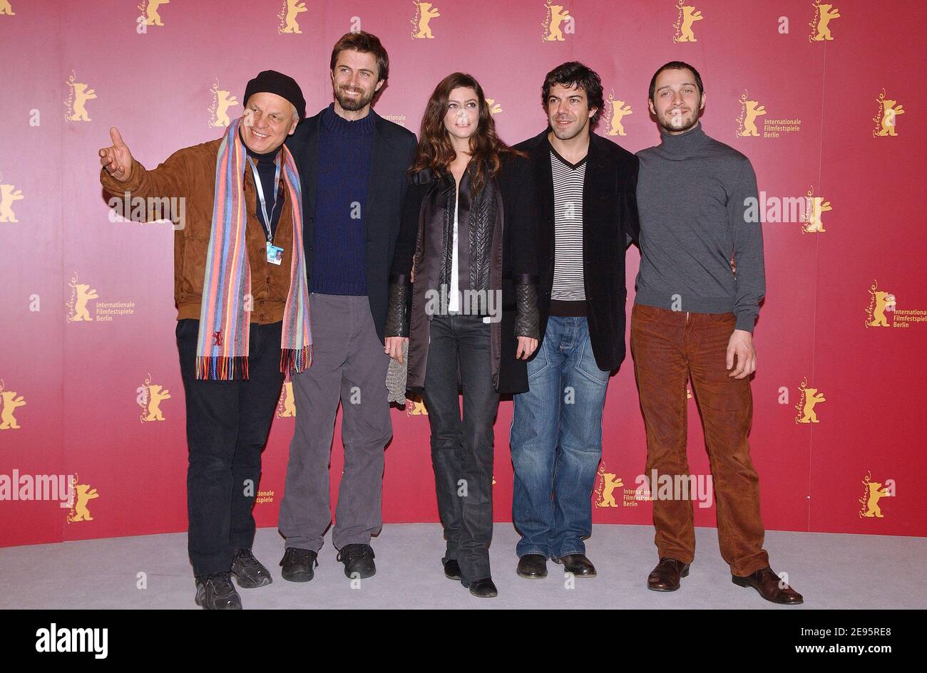 (L to R) Italian movie director Michele Placido, British actor Kim Rossi Stuart, French actress Anna Mouglalis, Italian actor Pierfrancesco Favino and Italian actor Claudio Santamaria pose during the photocall of the movie 'Romanzo Criminale' during the 56th Berlinale, International Film Festival in Berlin, Germany on February 15, 2006. Photo by Bruno Klein/ABACAPRESS.COM Stock Photo