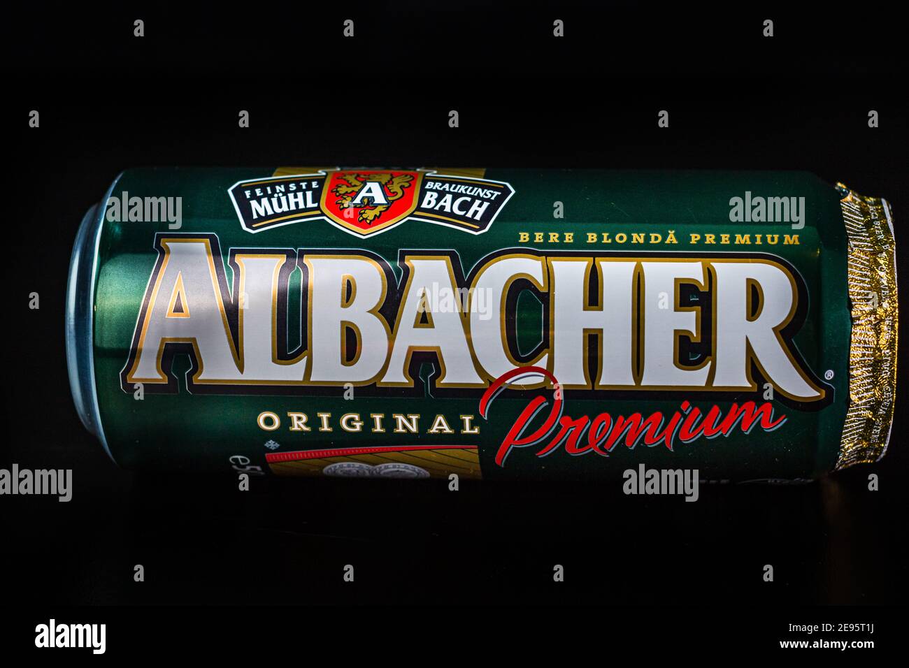 Albacher beer can isolated on black background. Bucharest, Romania ...