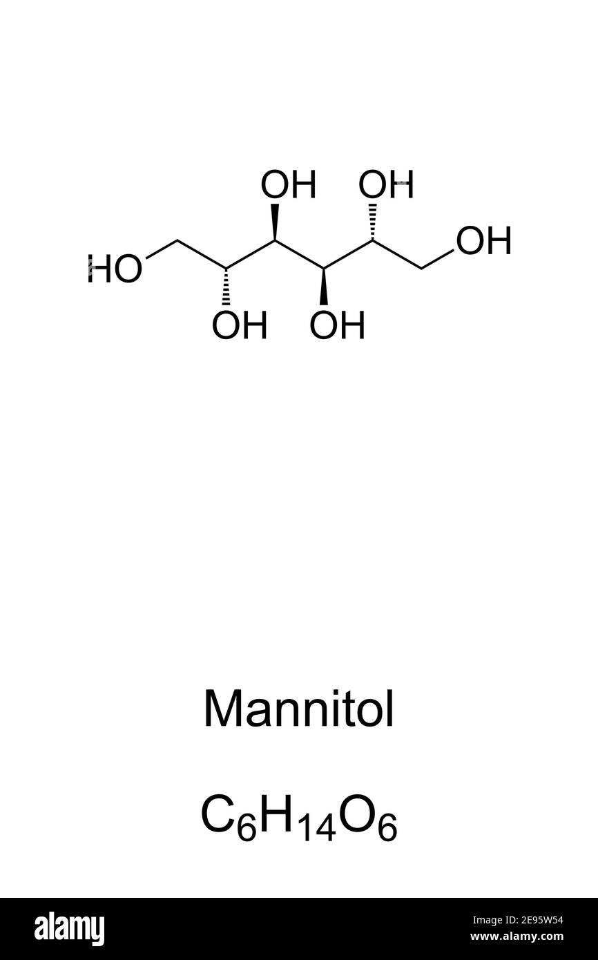 Mannitol, chemical formula and skeletal structure. D-Mannitol, mannite or manna sugar. Isomer of sorbitol, used as sweetener in diabetic food. Stock Photo