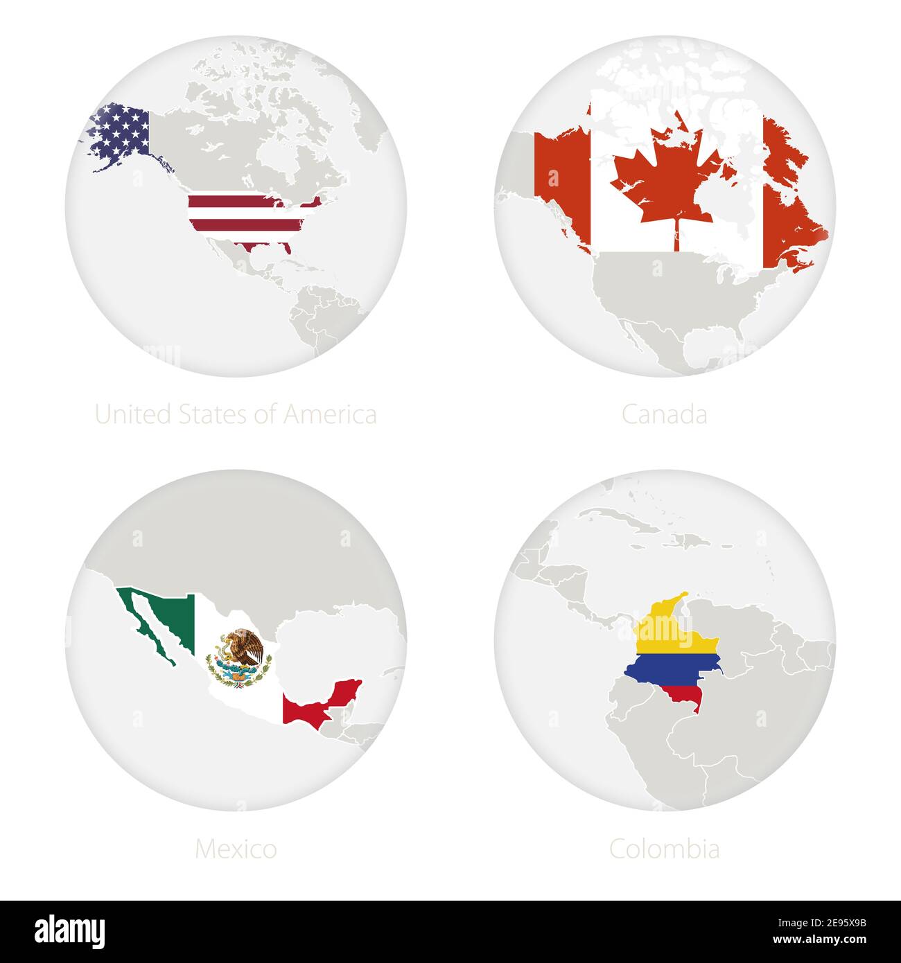 United States of America, Canada, Mexico, Colombia map contour and ...