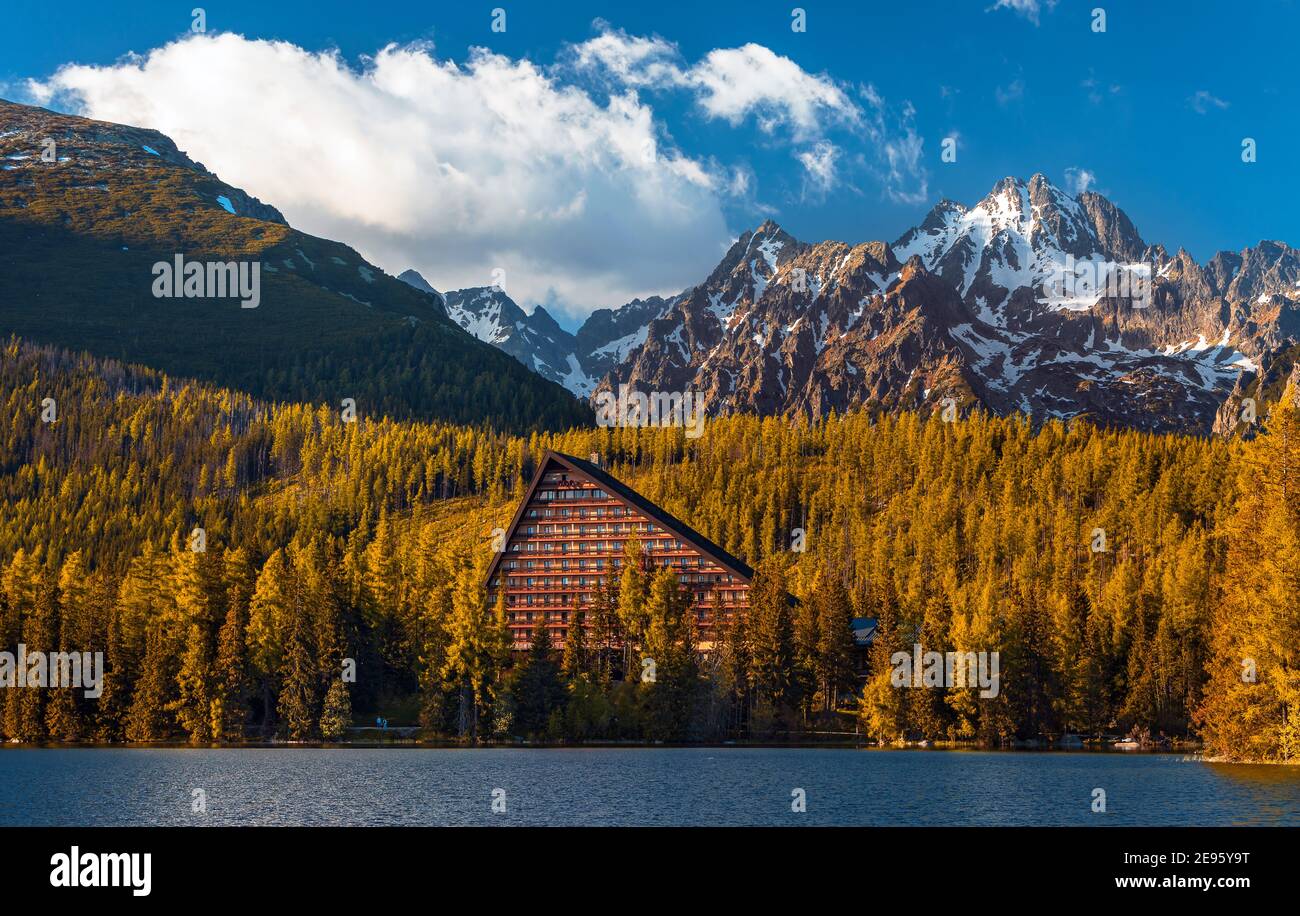 Morning view on High Tatras mountains - National park and Strbske pleso  (Strbske lake) mountains in Slovakia Stock Photo