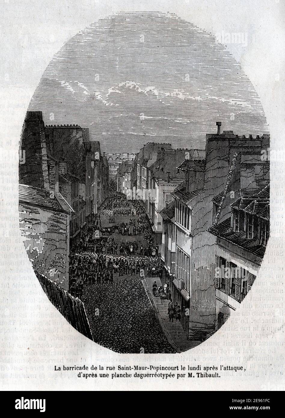 Engraving based on a daguerreotype entitled 'The barricade in Rue Saint-Maur-Popincourt after the attack by General Lamoricière's troops,' June 26, 1848. Daguerreotype by Charles-Francois Thibault. Stock Photo