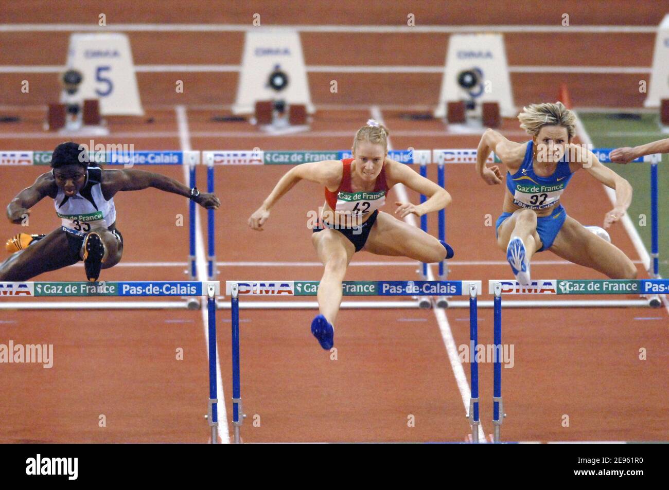 Ireland's O'Rourke Derval (62) competes on women's 60 meters hurdle during meeting Gaz de France of Pas-de-Calais, in Lievin, northern France, on March 3, 2006. Photo by Gouhier-Kempinaire/ABACAPRESS.COM Stock Photo