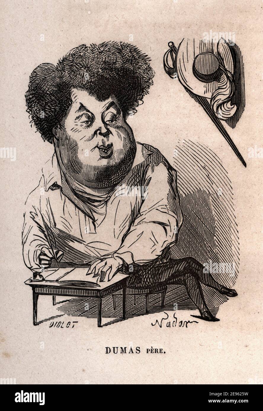 Caricature portrait of French writer Alexandre Dumas (pere) (1802 - 1870), 1858. Illustration by Nadar (1820 - 1910). Stock Photo