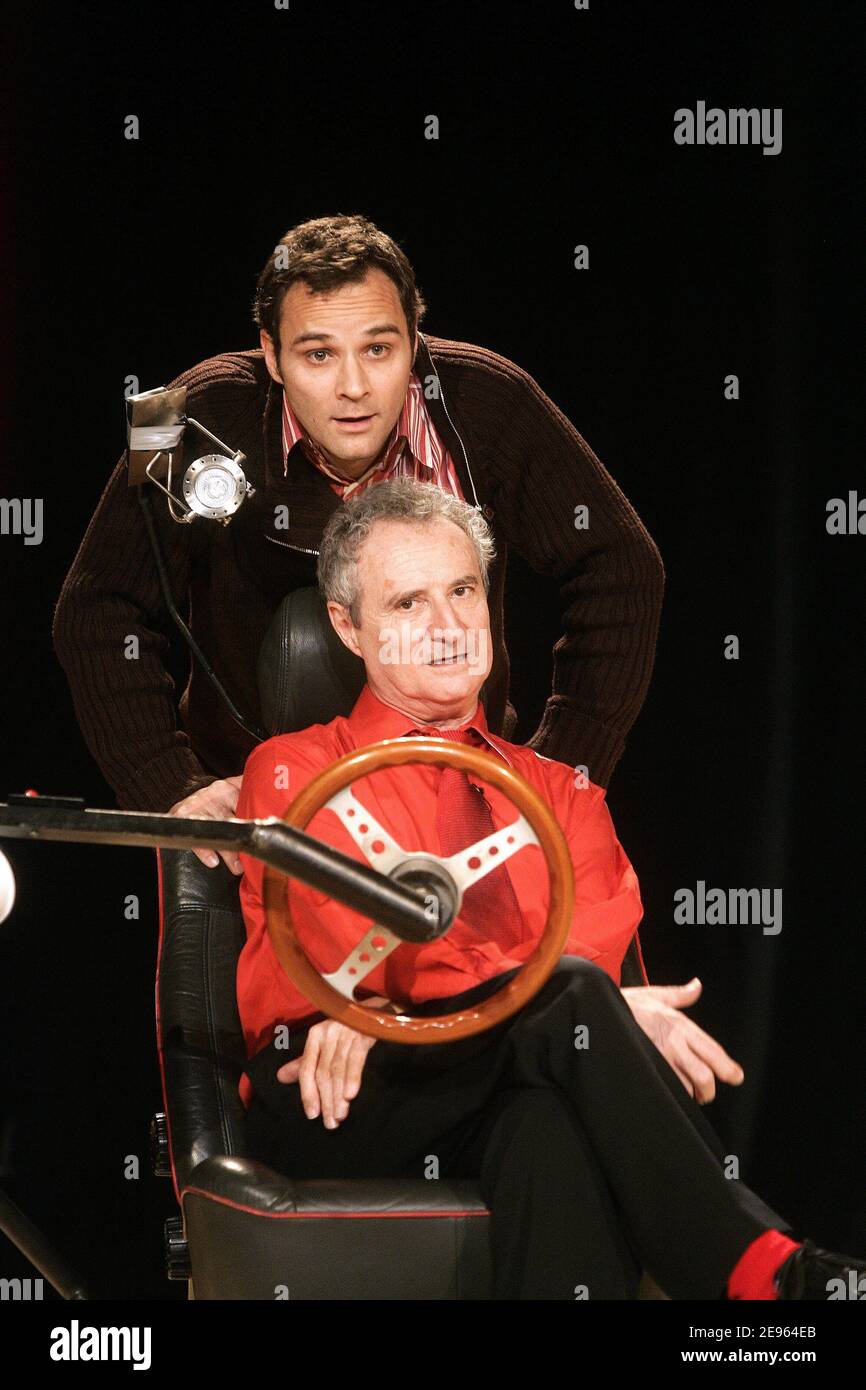 French humorist Daniel Prevost performs his show 'Paris World Tour' staged by his son Soren Prevost (black shirt) at the Comedie des Champs Elysees in Paris, France on March 7, 2006. Photo by Laurent Zabulon/ABACAPRESS.COM Stock Photo