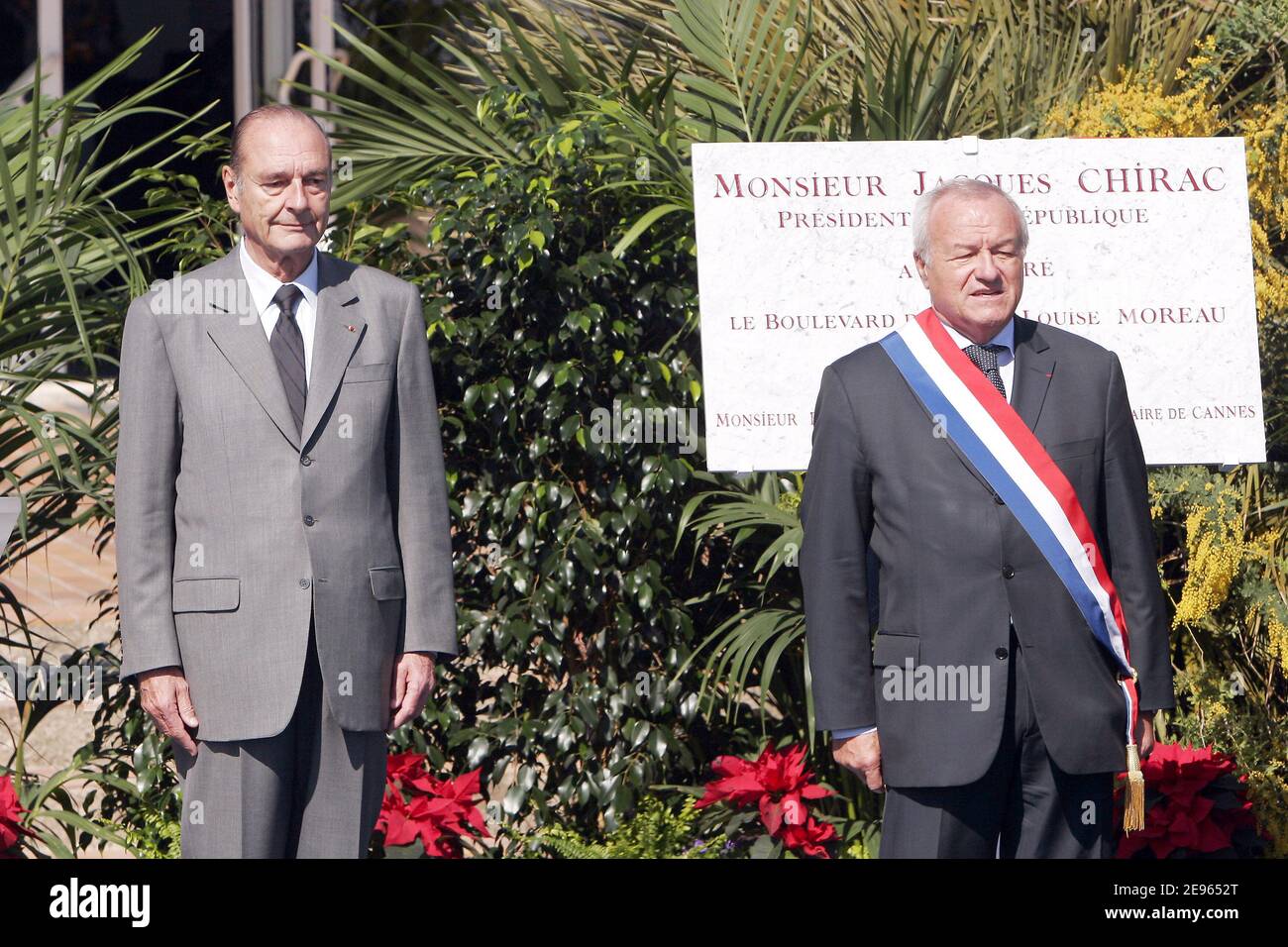 French President Jacques Chirac and Cannes mayor Bernard Brochand in Cannes, southern France on March 9, 2006. Photo by Gerald Holubowicz/ABACAPRESS.COM Stock Photo