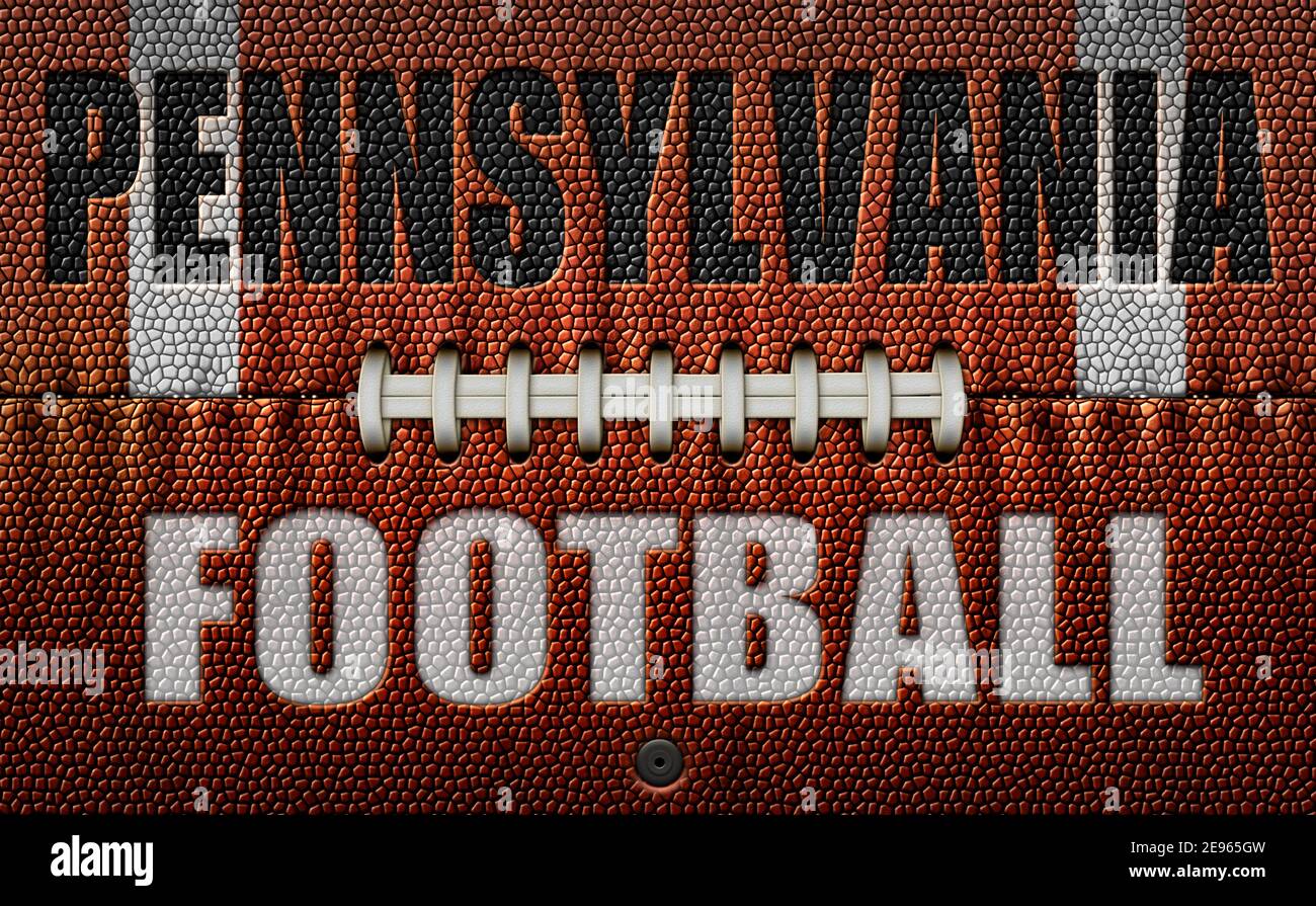 The words, Pennsylvania Football, embossed onto a football flattened into two dimensions. 3D Illustration Stock Photo