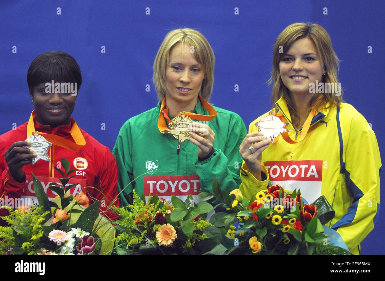 Ireland's Derval O'Rourke won the gold, Spain's Glory Alozie keep silver and Sweden's Susanna Kallur the bronze at the women 60 m hurdles at the 11th IAAF World Indoor Championships in track and field in Moscow, Russia on March 12, 2006. Photo by Christophe Guibbaud/Cameleon/ABACAPRESS.COM Stock Photo
