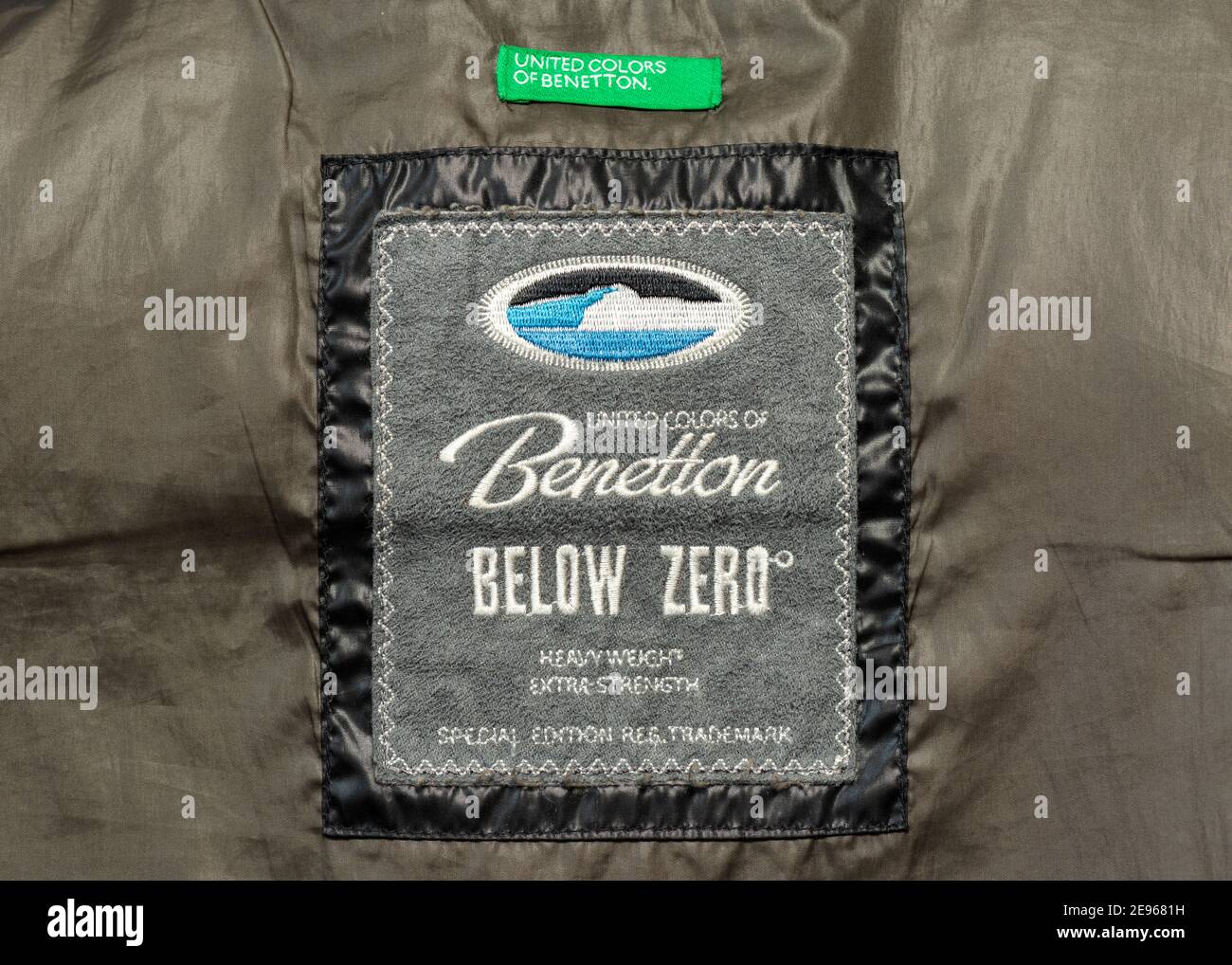Assumptions, assumptions. Guess Please watch Facilitate Benetton Below Zero down and feather special edition jacket label by United  Colors of Benetton brand Stock Photo - Alamy