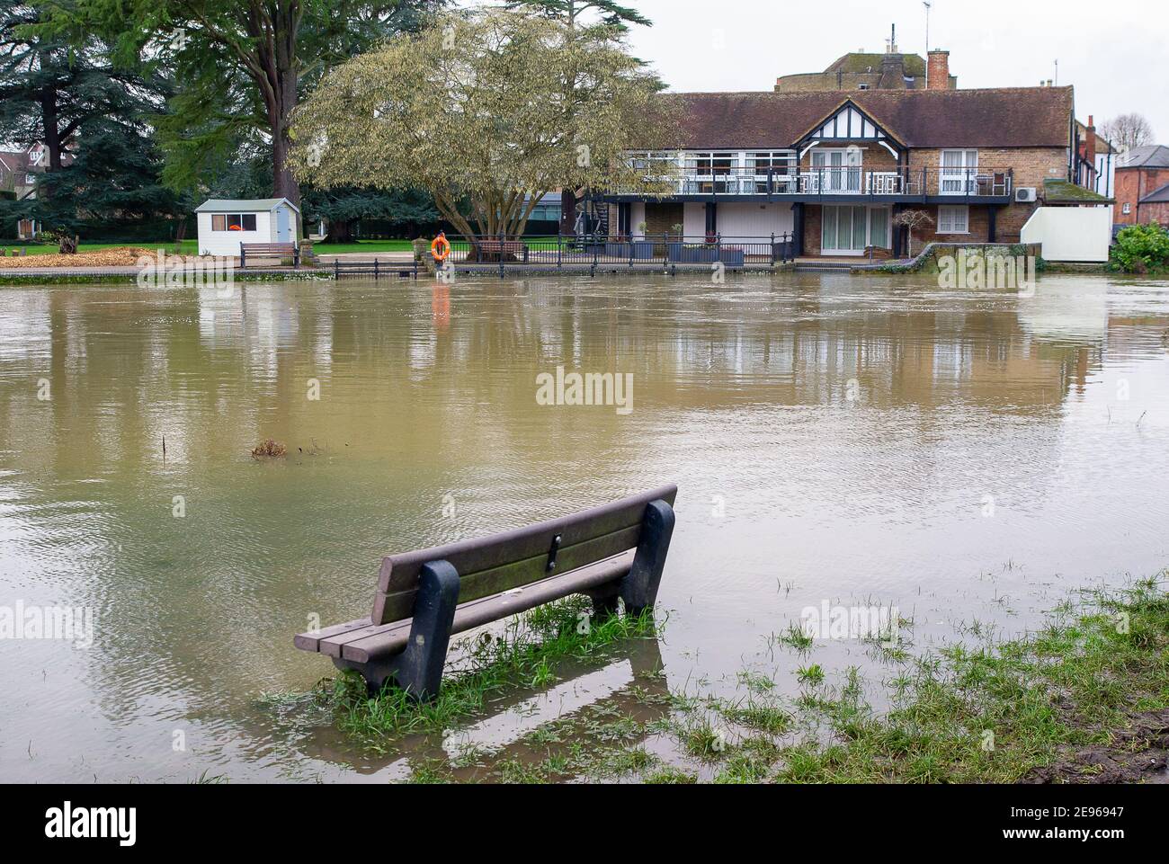 Cookham, Berkshire, UK. 2nd February, 2021. Flooding opposite the John Lewis Odney Club in Cookham. A Flood Alert is in place in Cookham as the River Thames has burst it's banks. The Environment Agency were on hand today pumping out drains. Credit: Maureen McLean/Alamy Live News Stock Photo