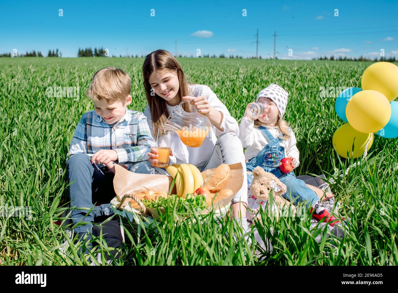 Three happy kids sitting on picnic on the field. blue sky, green grass. bread, pies and fruits in a basket. Stock Photo