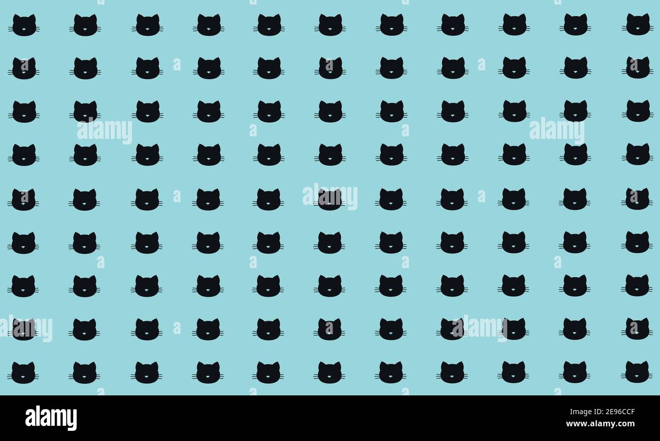Seamless Pattern of Black Heads of Cats on Blue Background. Stock Vector