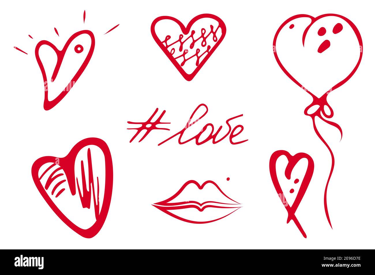 Vector doodle hearts icons set, hand drawn brush ink line, love concept ...