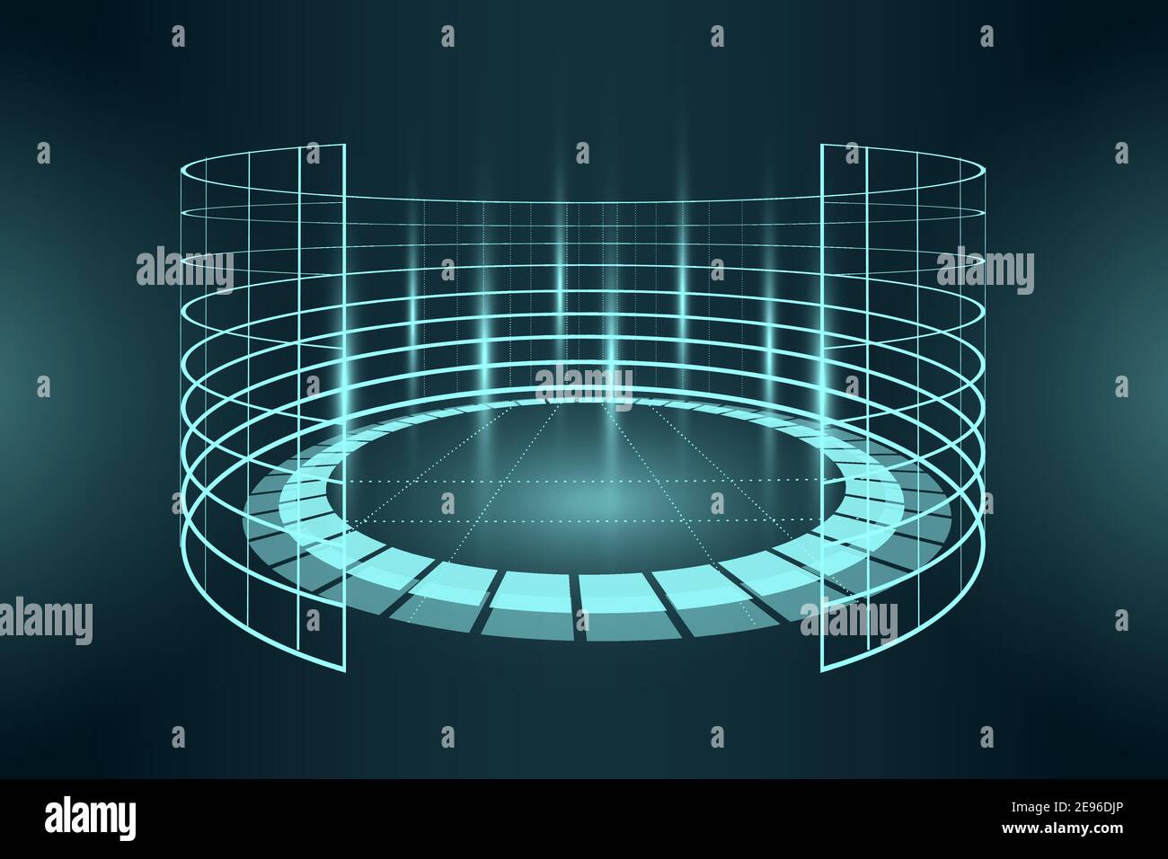 Futuristic blue neon light virtual reality arena. Abstract circle sci