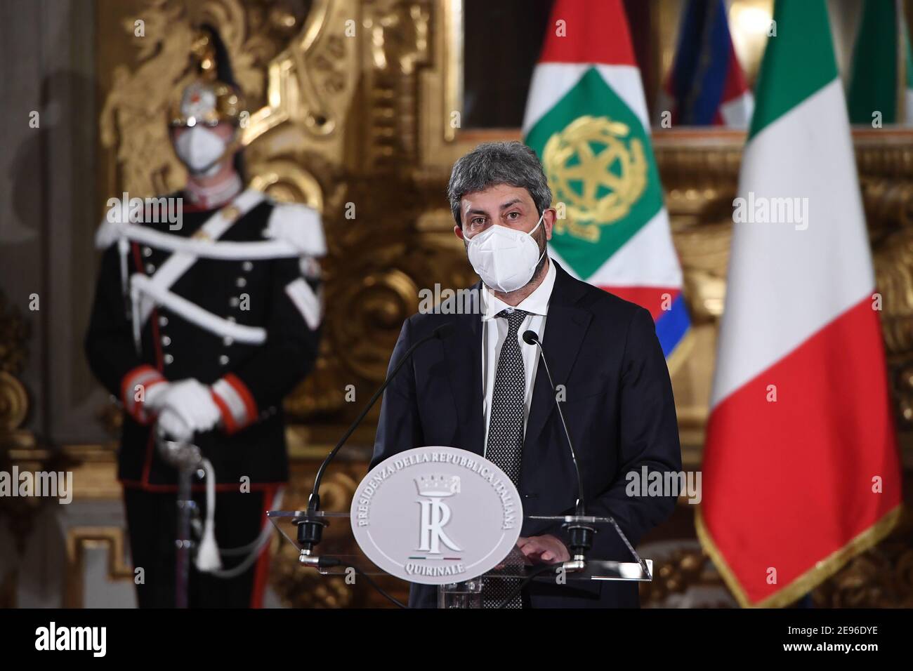 (210202) -- ROME, Feb. 2, 2021 (Xinhua) -- President of the Italian Chamber of Deputies Roberto Fico speaks to the media at the Quirinale Palace in Rome, Italy, on Feb. 2, 2021. Italian President Sergio Mattarella said Tuesday he will appoint a neutral, non-partisan figure to form a government to steer the country through the coronavirus pandemic, after exploratory talks to recompose the previous government failed. (Pool via Xinhua) Stock Photo