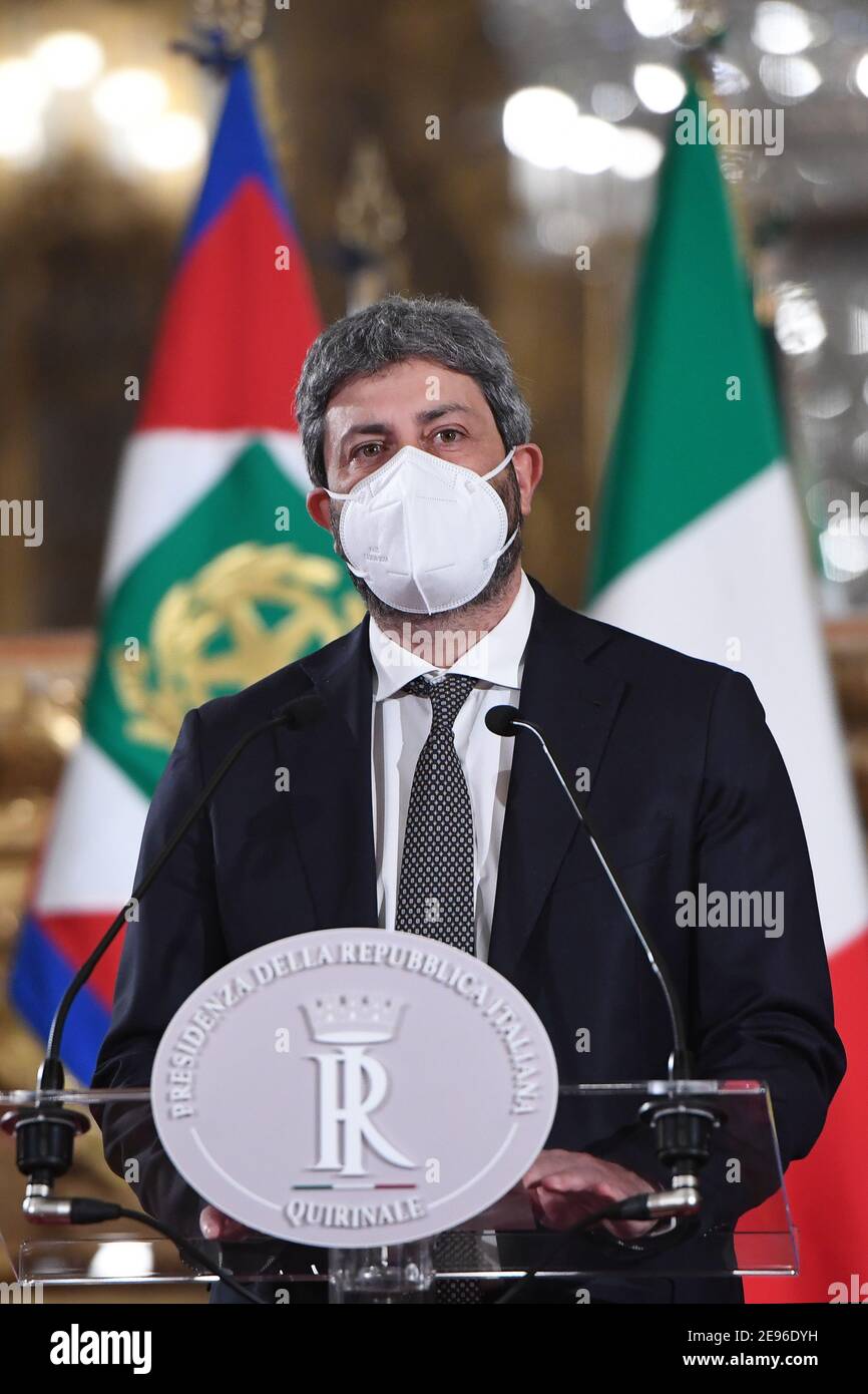 (210202) -- ROME, Feb. 2, 2021 (Xinhua) -- President of the Italian Chamber of Deputies Roberto Fico speaks to the media at the Quirinale Palace in Rome, Italy, on Feb. 2, 2021. Italian President Sergio Mattarella said Tuesday he will appoint a neutral, non-partisan figure to form a government to steer the country through the coronavirus pandemic, after exploratory talks to recompose the previous government failed. (Pool via Xinhua) Stock Photo