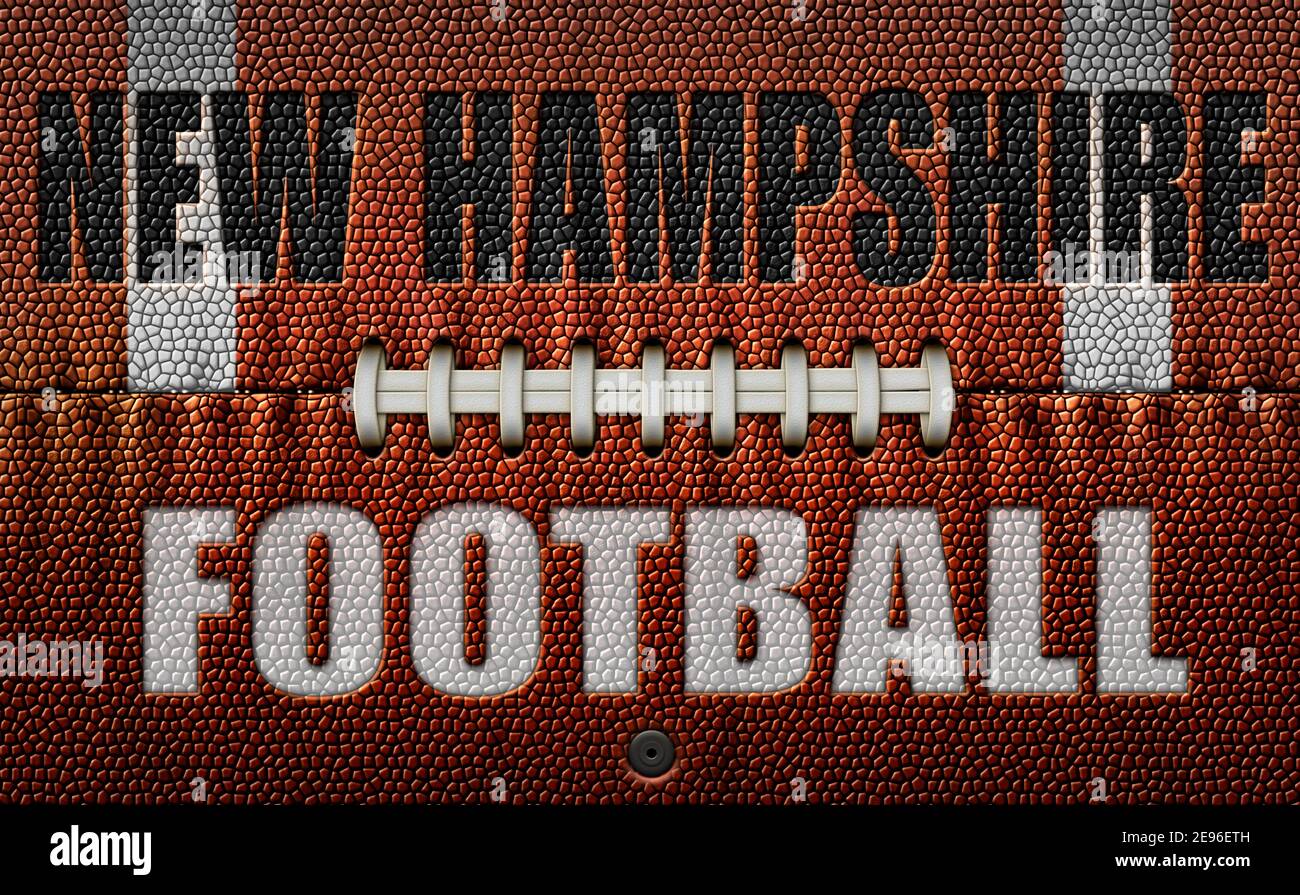 The words, New Hampshire Football, embossed onto a football flattened into two dimensions. 3D Illustration Stock Photo