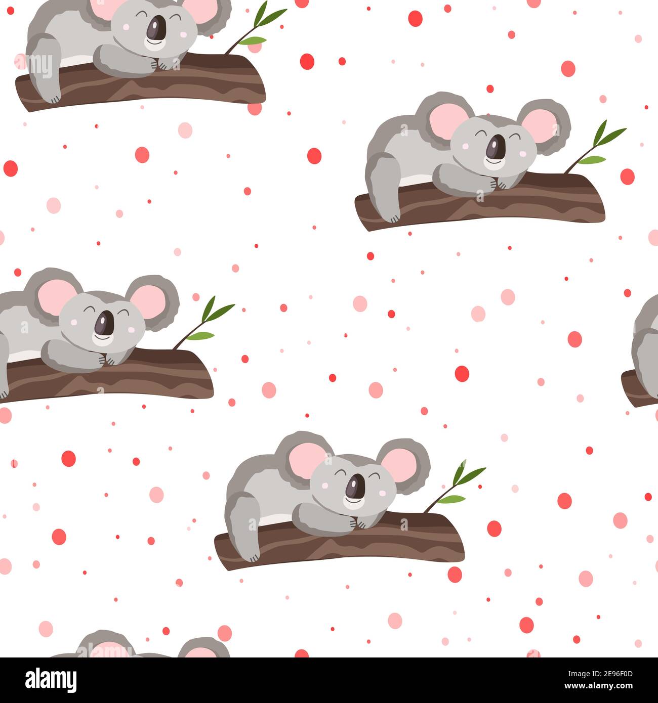 Seamless pattern with cute koala baby and hearts on white polka dots ...