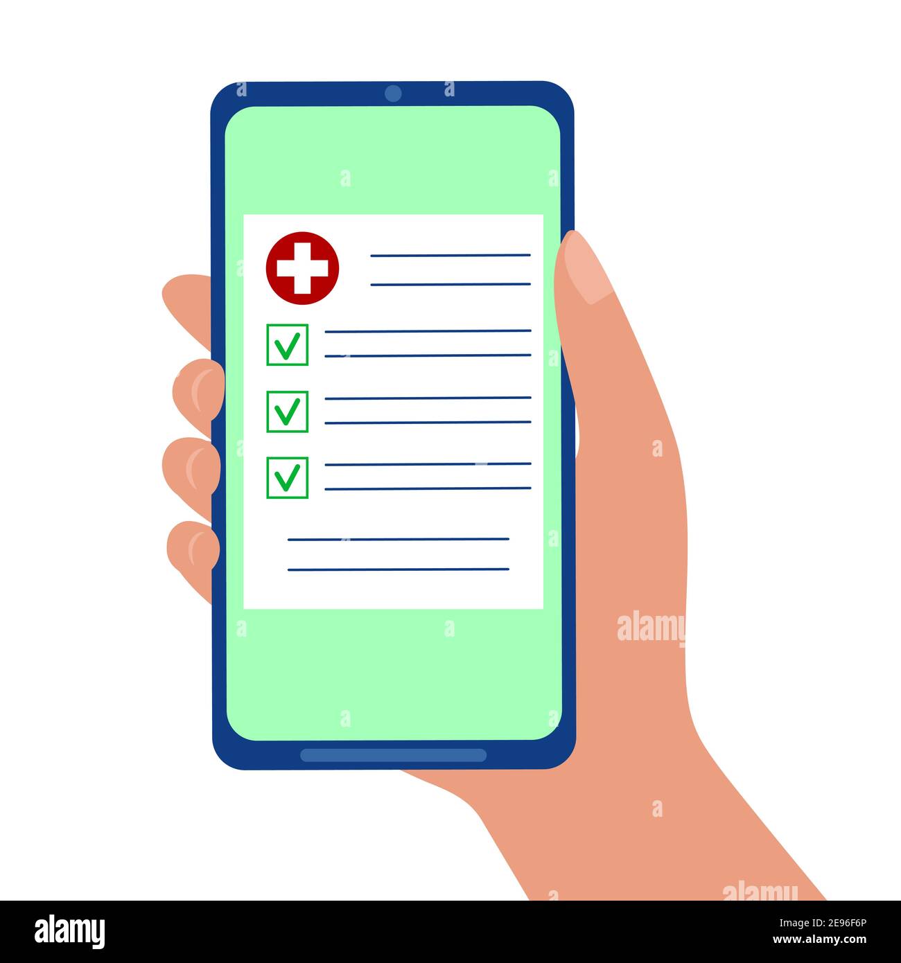 Drugs prescription, medical insurance, test results online. Hand holding smartphone with medicine document isolated on white background. Telemedicine concept. Vector flat illustration. Stock Vector