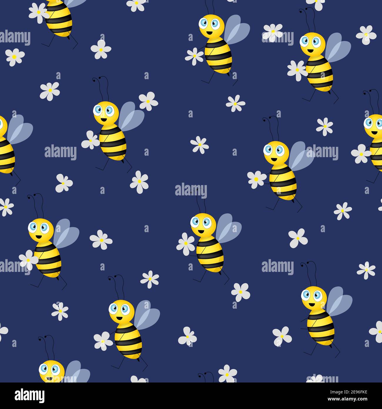 Seamless pattern with bees and flowers on blue background. Vector ...