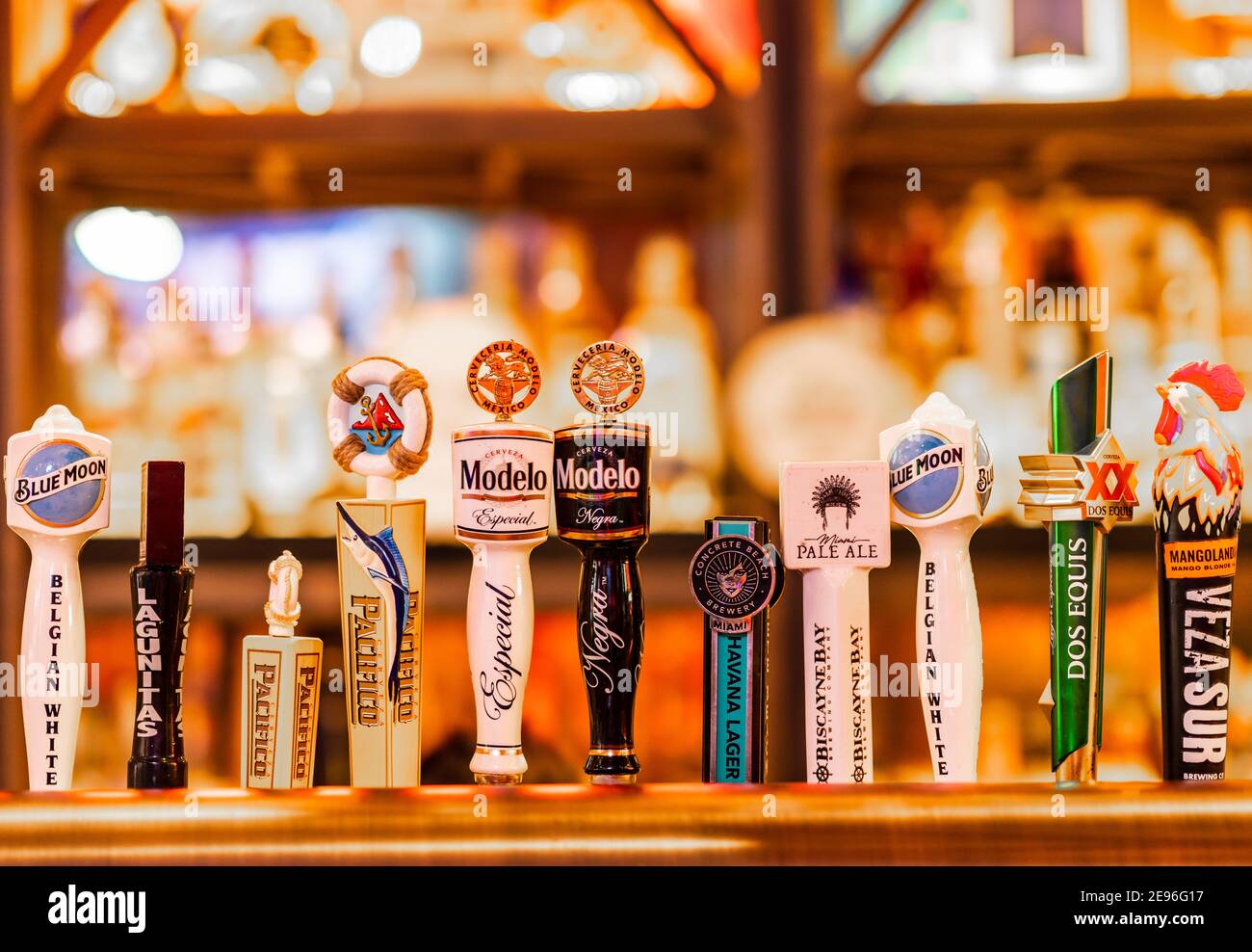 Miami, Florida - December 31, 2020: A Beer Tap With an Assortment of Imported and Exported Beers. Stock Photo