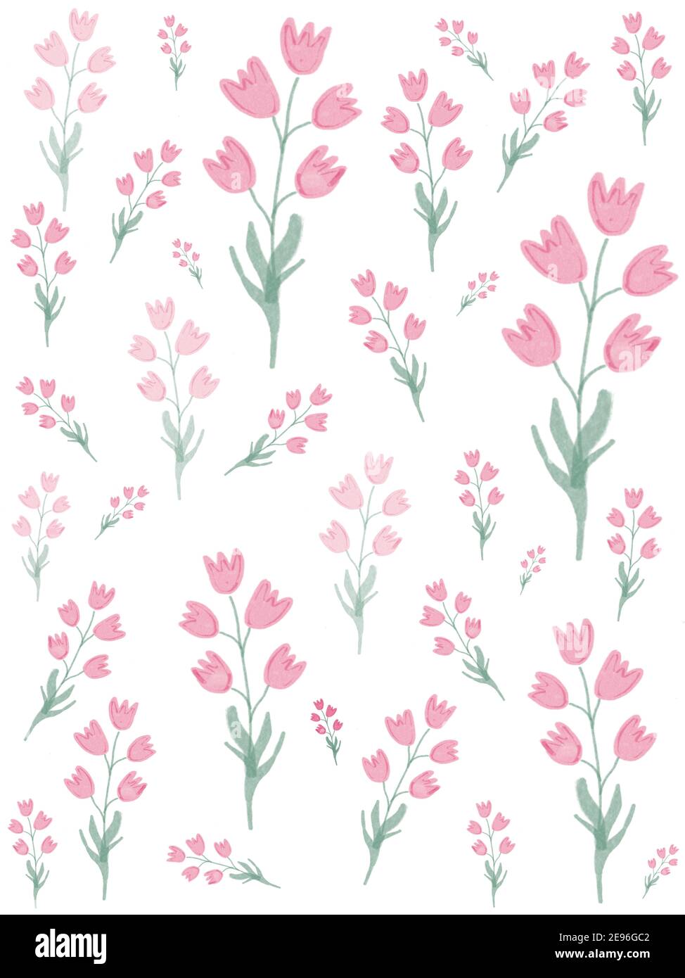 Dainty bell flowers on stems wallpaper on pink and white background  (digital illustration Stock Photo - Alamy