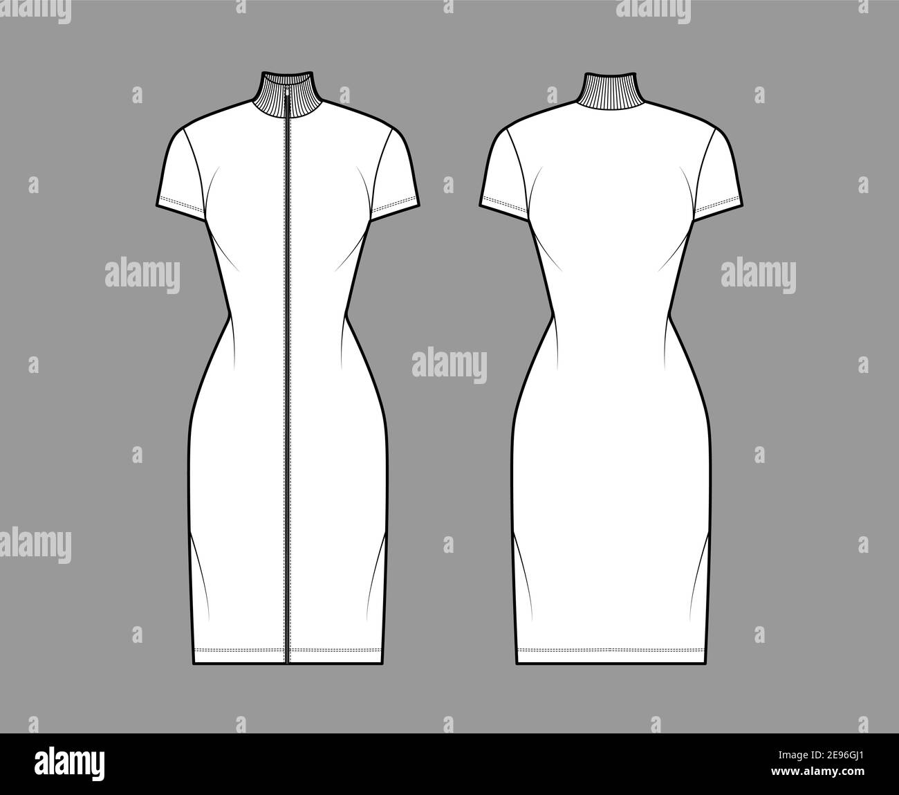 Turtleneck zip-up dress technical fashion illustration with short sleeves, knee length, fitted body, Pencil fullness. Flat apparel template front, back, white color. Women, men, unisex CAD mockup Stock Vector