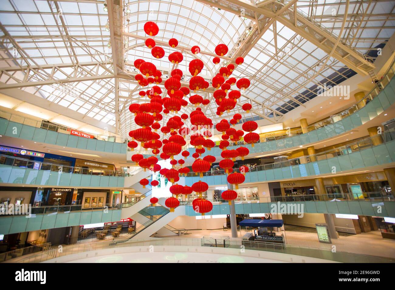 Dallas, USA. 2nd Feb, 2021. Red lanterns are seen in Galleria Dallas  shopping mall in Dallas, Texas, the United States, on Feb. 2, 2021. Over  200 red lanterns, as decorations for the
