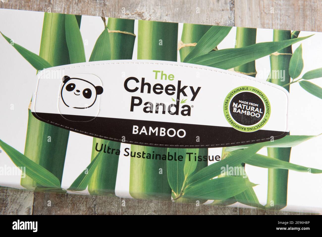 Box of The Cheeky Panda tissue or tissues made from ultra sustainable natural Bamboo on reclained wood background Stock Photo