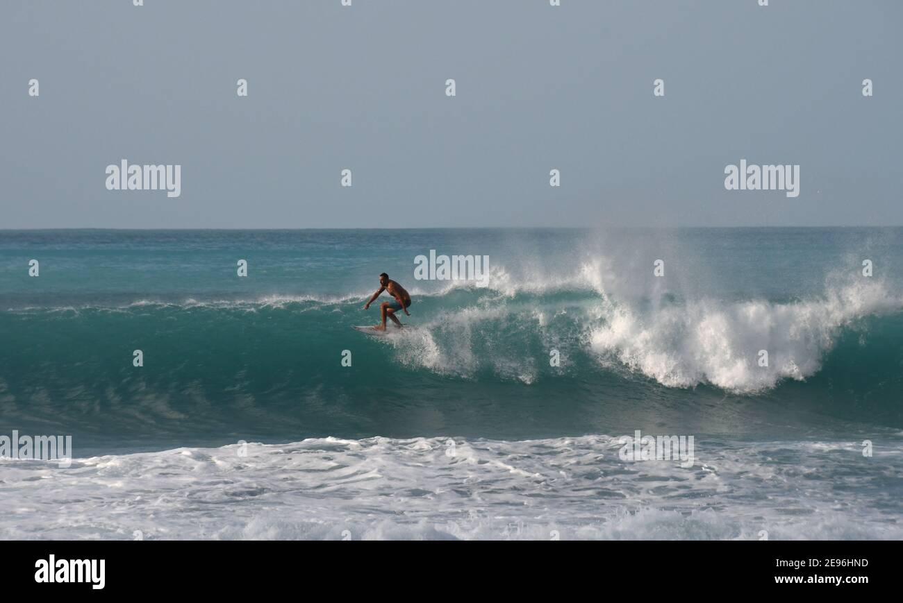 Surfer on overhead waves Stock Photo Alamy