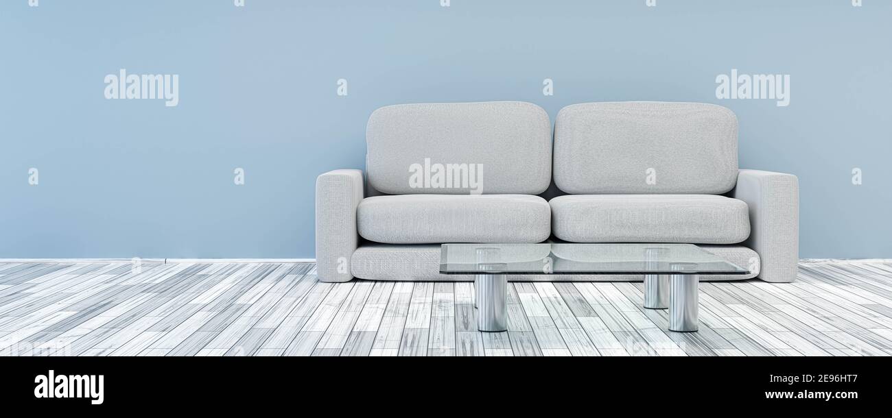 modern blue wall room marine concept with grey couch and white wooden floor and glass tables 3d