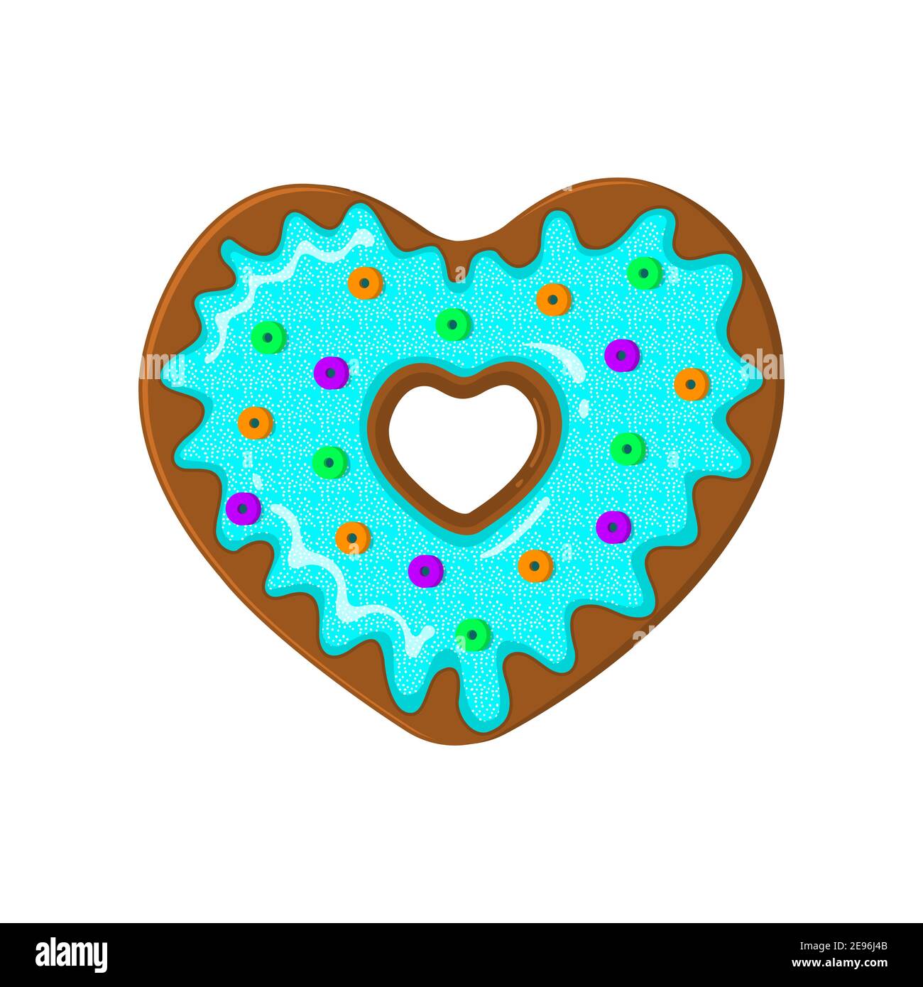 Heart shaped doughnut isolated on white background. Donut decorated with blue glaze, powdered sugar and mini candies. Sweet dessert for Valentines day. Vector cartoon illustration. Stock Vector