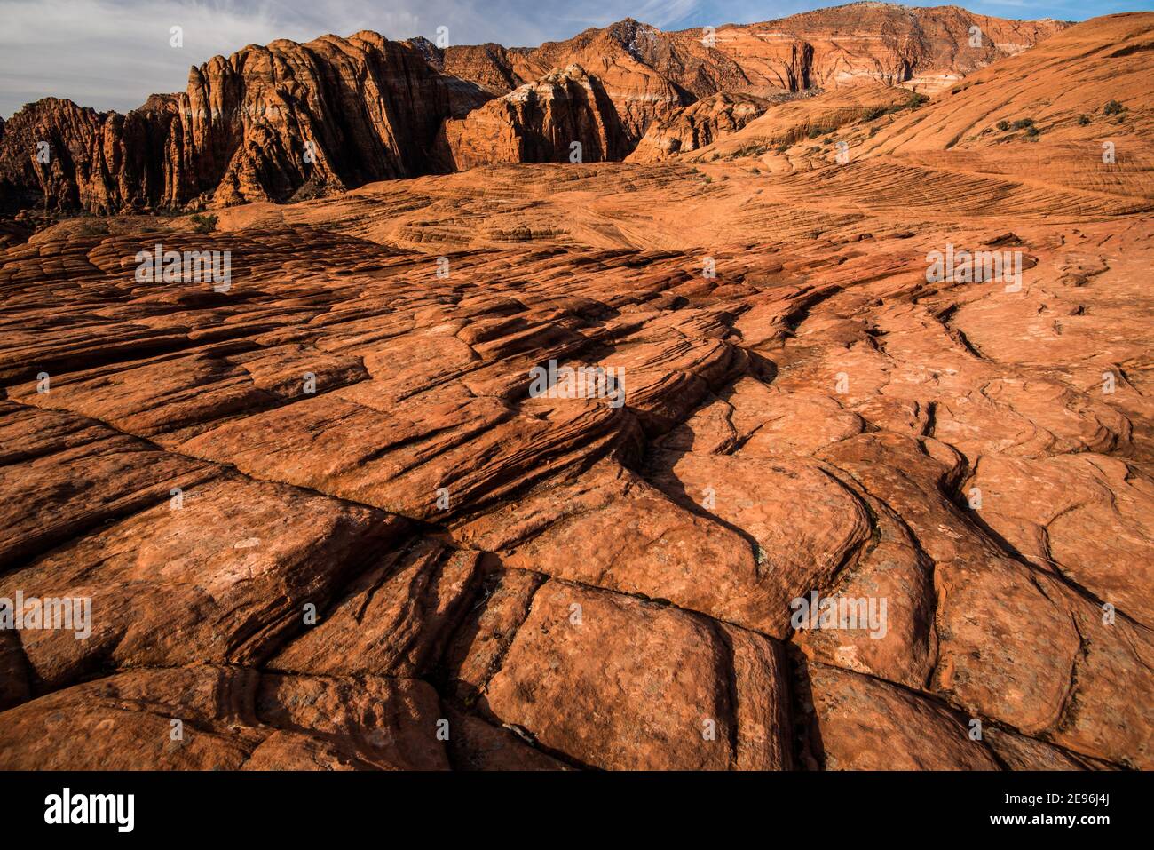 The textures and patterns of petrified sand dunes in Snow Canyon State Park, Utah, USA.  It is known for its petrified sand dunes and rock formations. Stock Photo