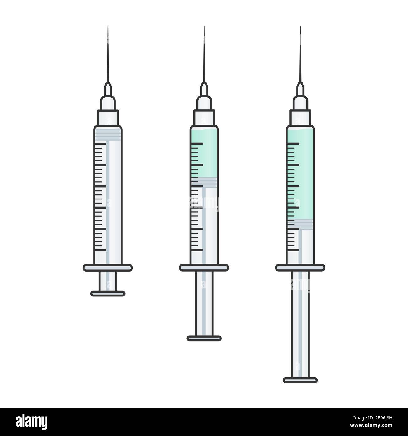 Empty syringe, half full syringe and full syringe. For vaccination, injection, medical use. Vector illustration, flat design Stock Vector